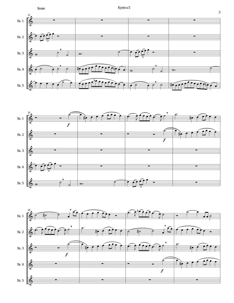 Mozart Kyrie canon a 5 arranged for 5 equal saxophones Mozart Kyrie canon a 5 arranged for 5 equal saxophones Woodwind Quartet scores gallery preview page 3