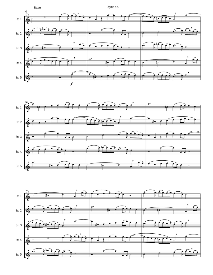Mozart Kyrie canon a 5 arranged for 5 equal saxophones Mozart Kyrie canon a 5 arranged for 5 equal saxophones Woodwind Quartet scores gallery preview page 4