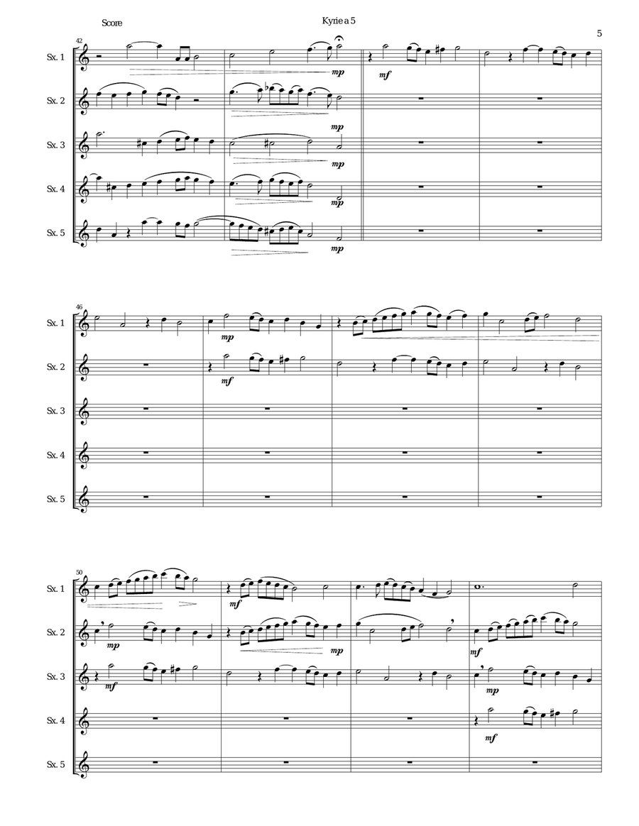 Mozart Kyrie canon a 5 arranged for 5 equal saxophones Mozart Kyrie canon a 5 arranged for 5 equal saxophones Woodwind Quartet scores gallery preview page 5