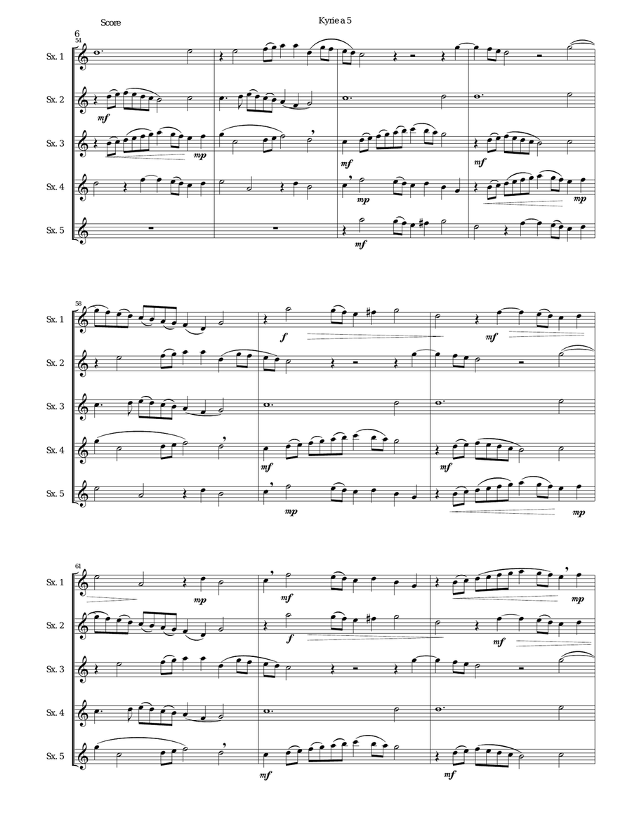 Mozart Kyrie canon a 5 arranged for 5 equal saxophones Mozart Kyrie canon a 5 arranged for 5 equal saxophones Woodwind Quartet scores gallery preview page 6