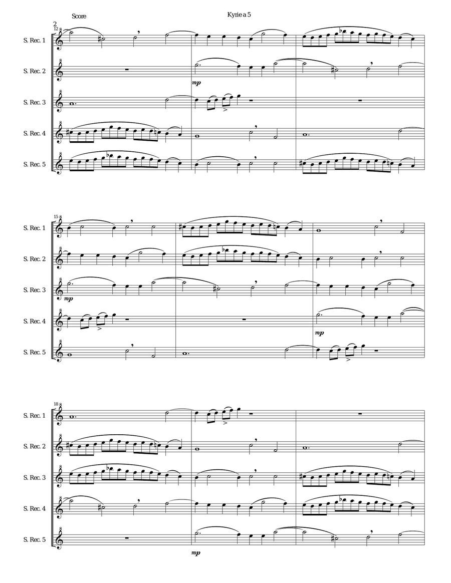 Mozart Kyrie canon a 5 arranged for 5 soprano recorders Soprano Recorder scores gallery preview page 2