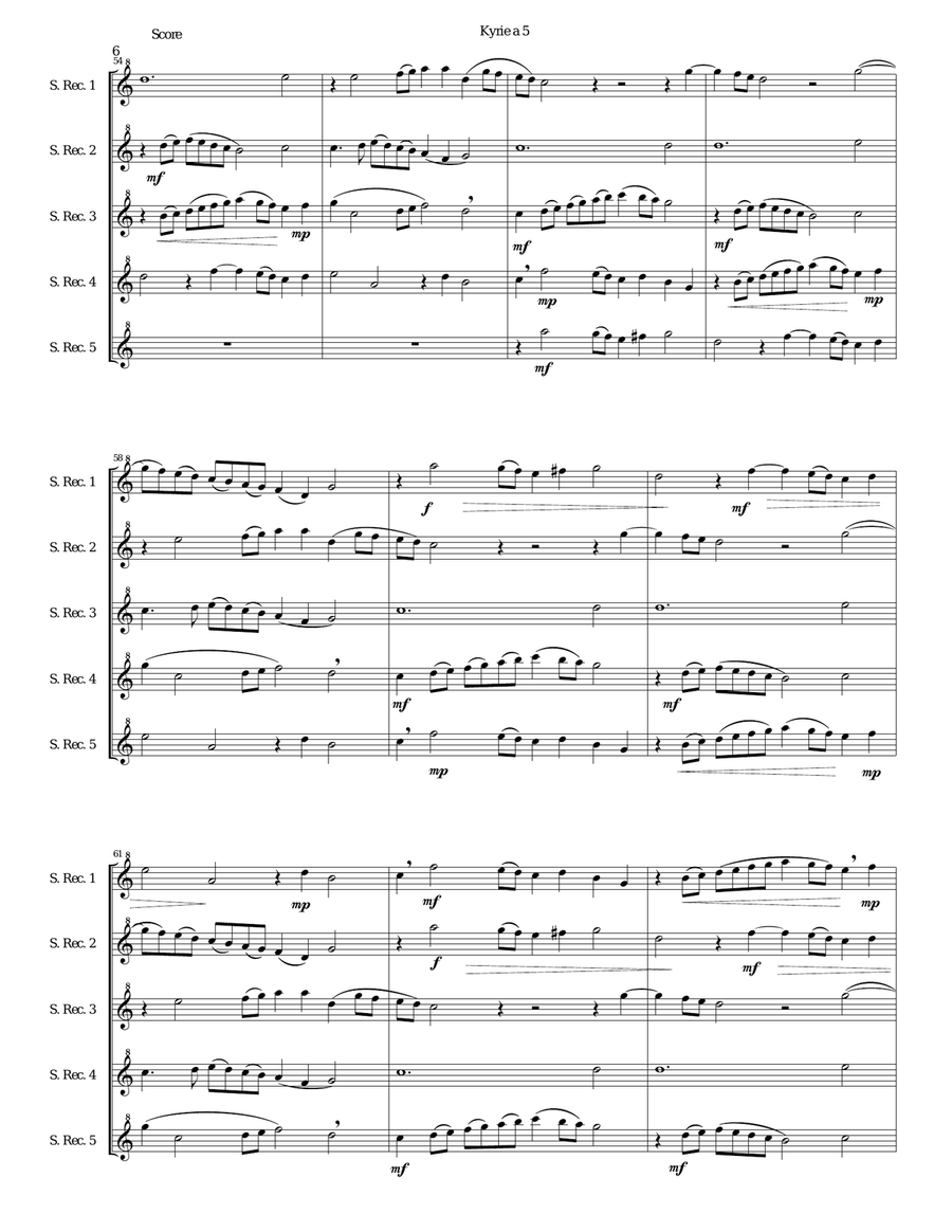 Mozart Kyrie canon a 5 arranged for 5 soprano recorders Soprano Recorder scores gallery preview page 6