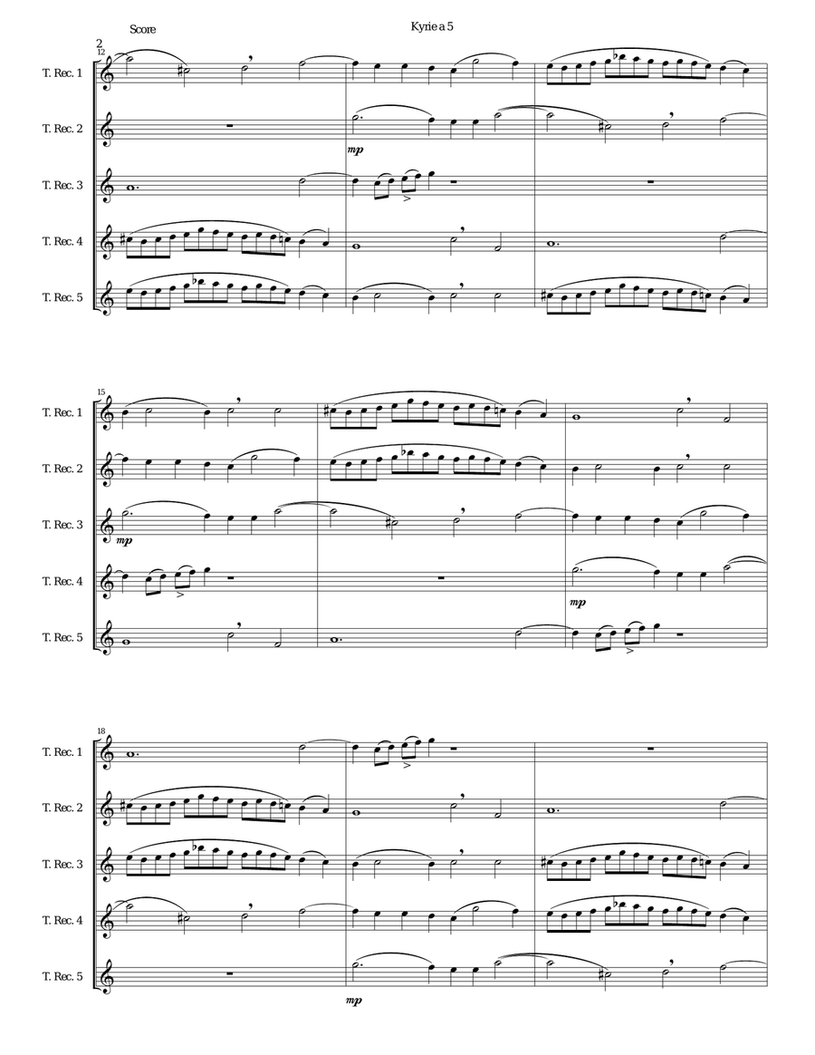 Mozart Kyrie canon a 5 arranged for 5 tenor recorders Tenor Recorder scores gallery preview page 2