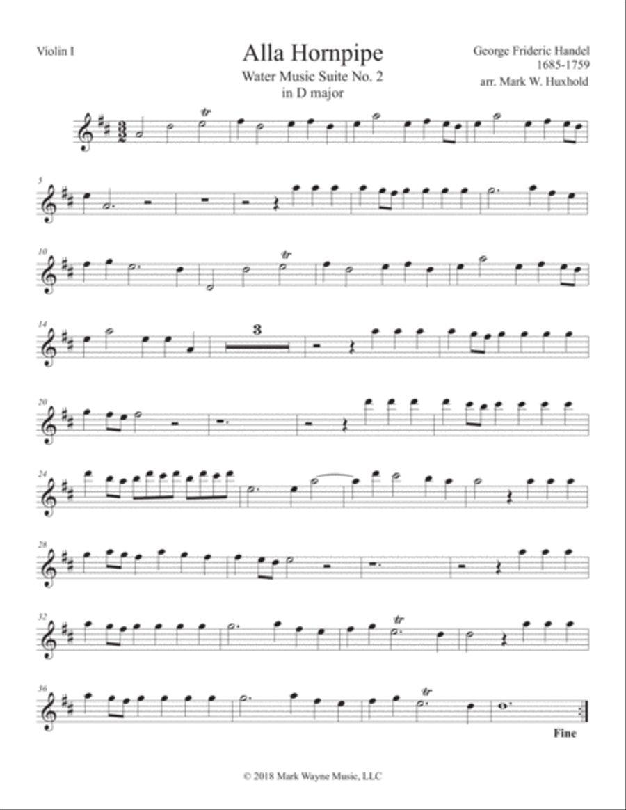 Alla Hornpipe from Water Music Suite No. 2 in D major String Orchestra scores gallery preview page 1