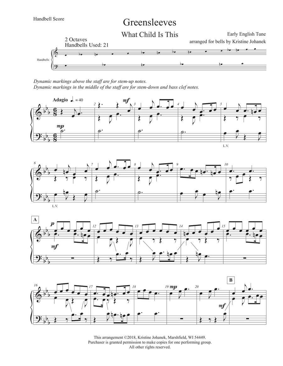 Greensleeves (What Child Is This) Reproducible Handbell Choir scores gallery preview page 2