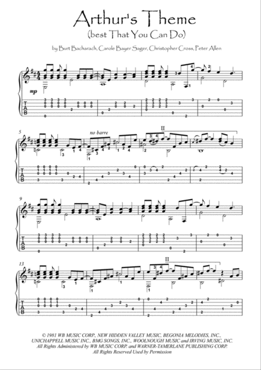 Arthur's Theme (best That You Can Do) Guitar Tablature scores gallery preview page 1