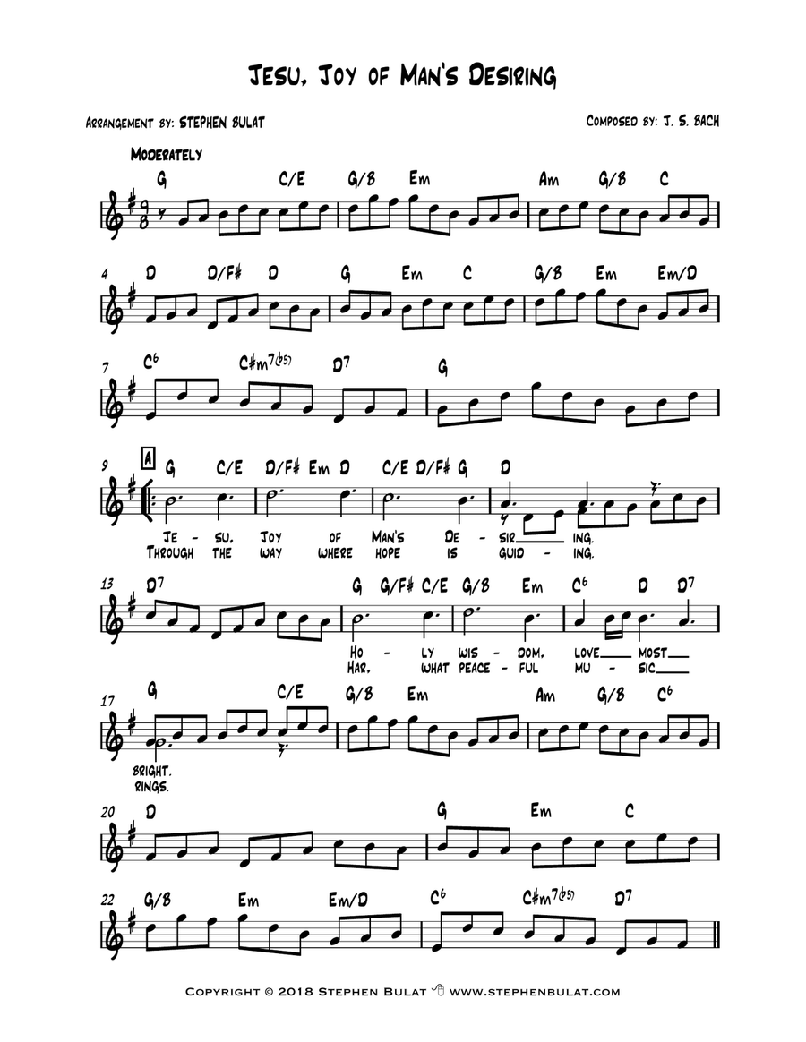 Jesu, Joy of Man's Desiring (Bach) - Lead sheet in original key of G Piano scores gallery preview page 2