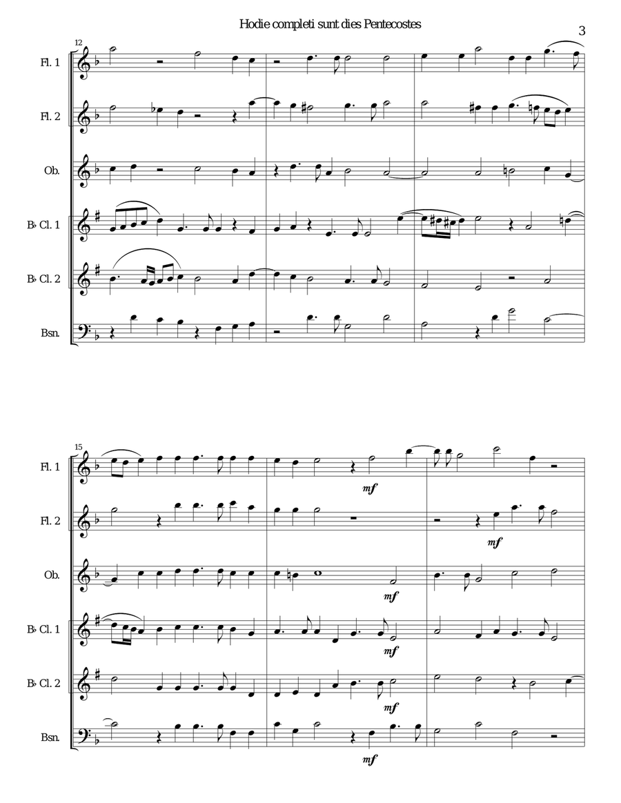 Hodie completi sunt by Orlando di Lasso for wind sextet (2 flutes, oboe, 2 clarinets, bassoon) Woodwind Ensemble scores gallery preview page 3