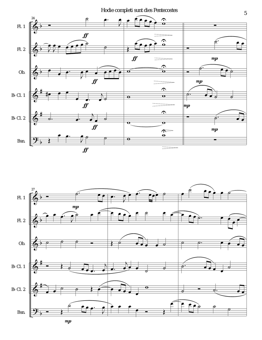 Hodie completi sunt by Orlando di Lasso for wind sextet (2 flutes, oboe, 2 clarinets, bassoon) Woodwind Ensemble scores gallery preview page 5