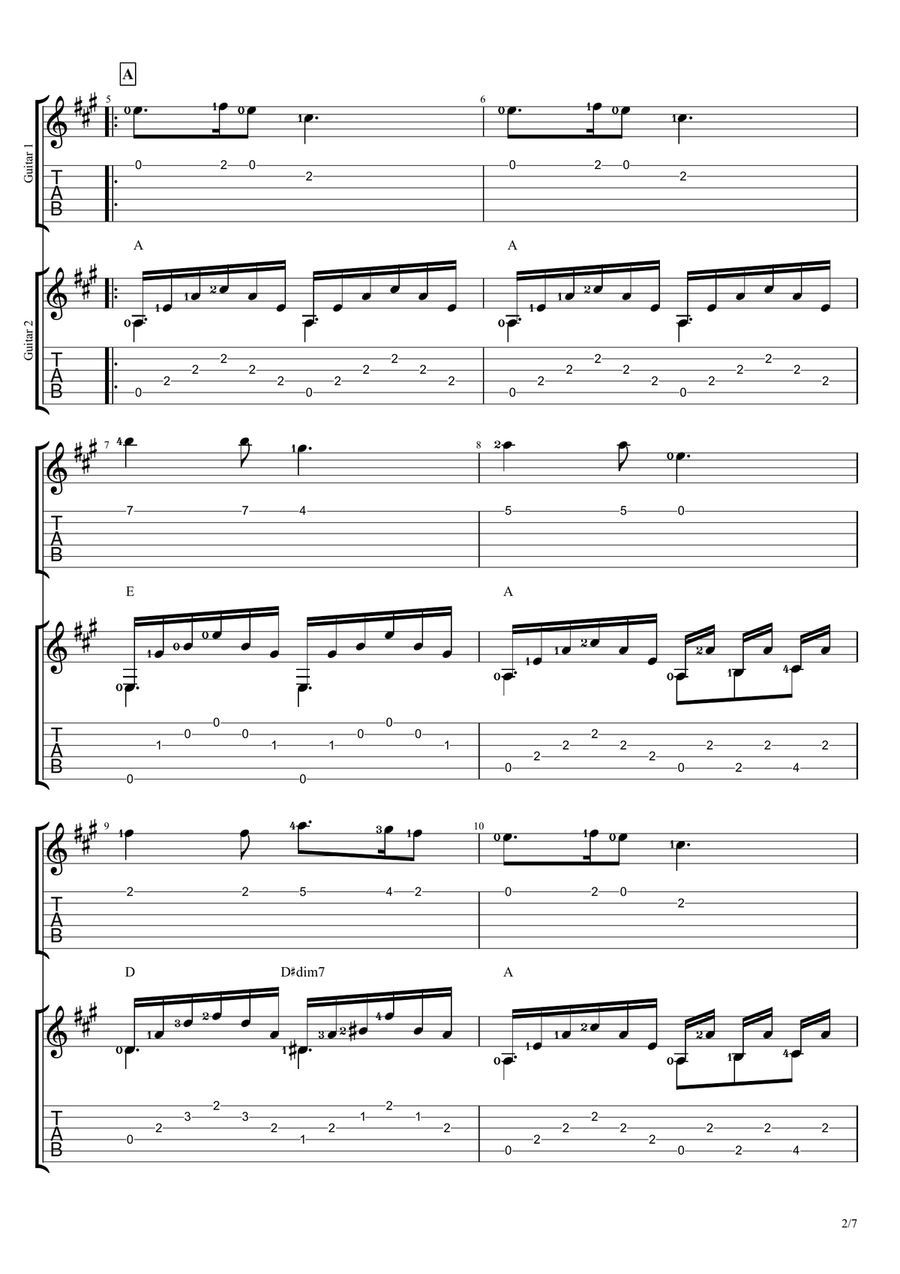Silent Night (in A Major Scale) Guitar Ensemble scores gallery preview page 2