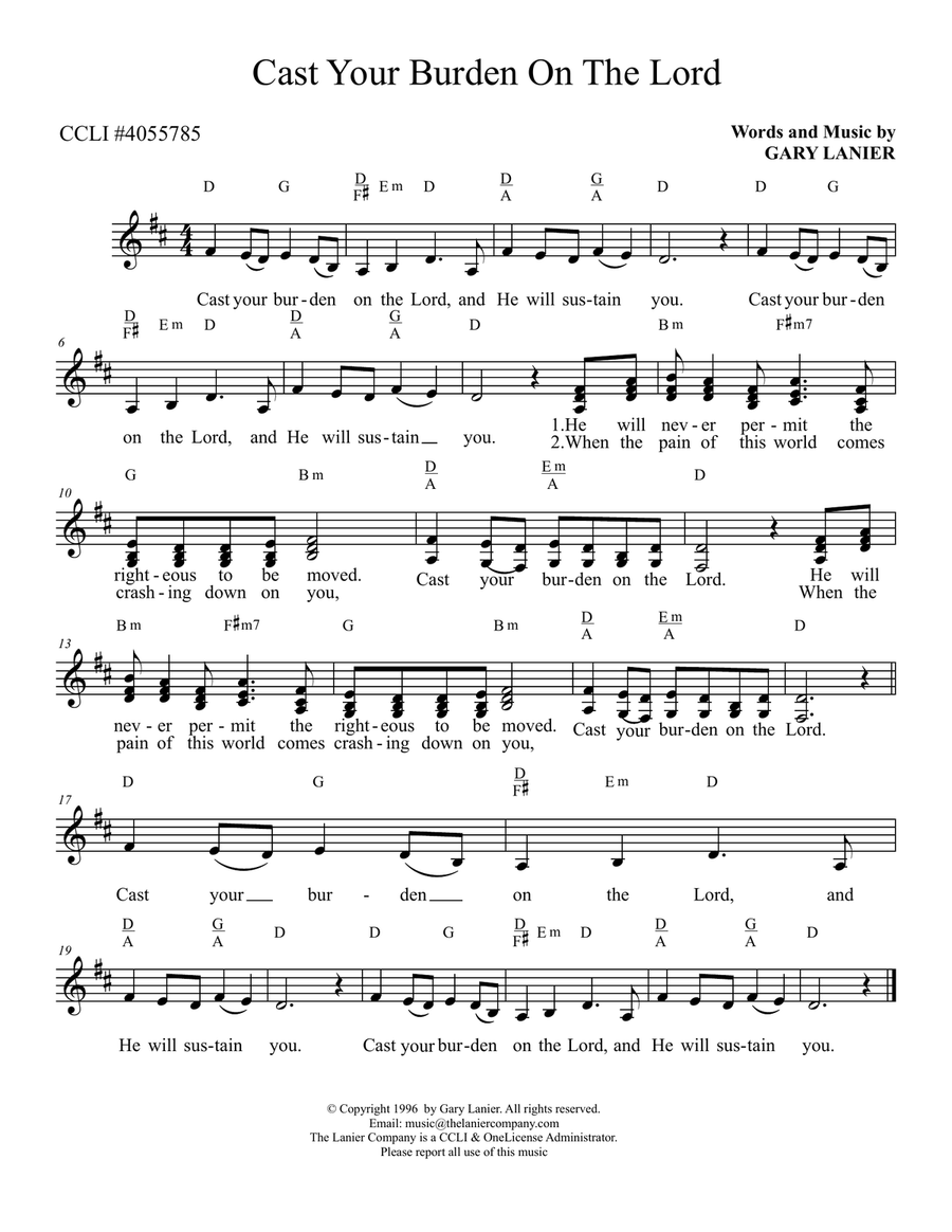 CAST YOUR BURDEN ON THE LORD - Lead Sheet, Keys of D & Eb (Includes Melody, Lyrics & Chords) Piano scores gallery preview page 2