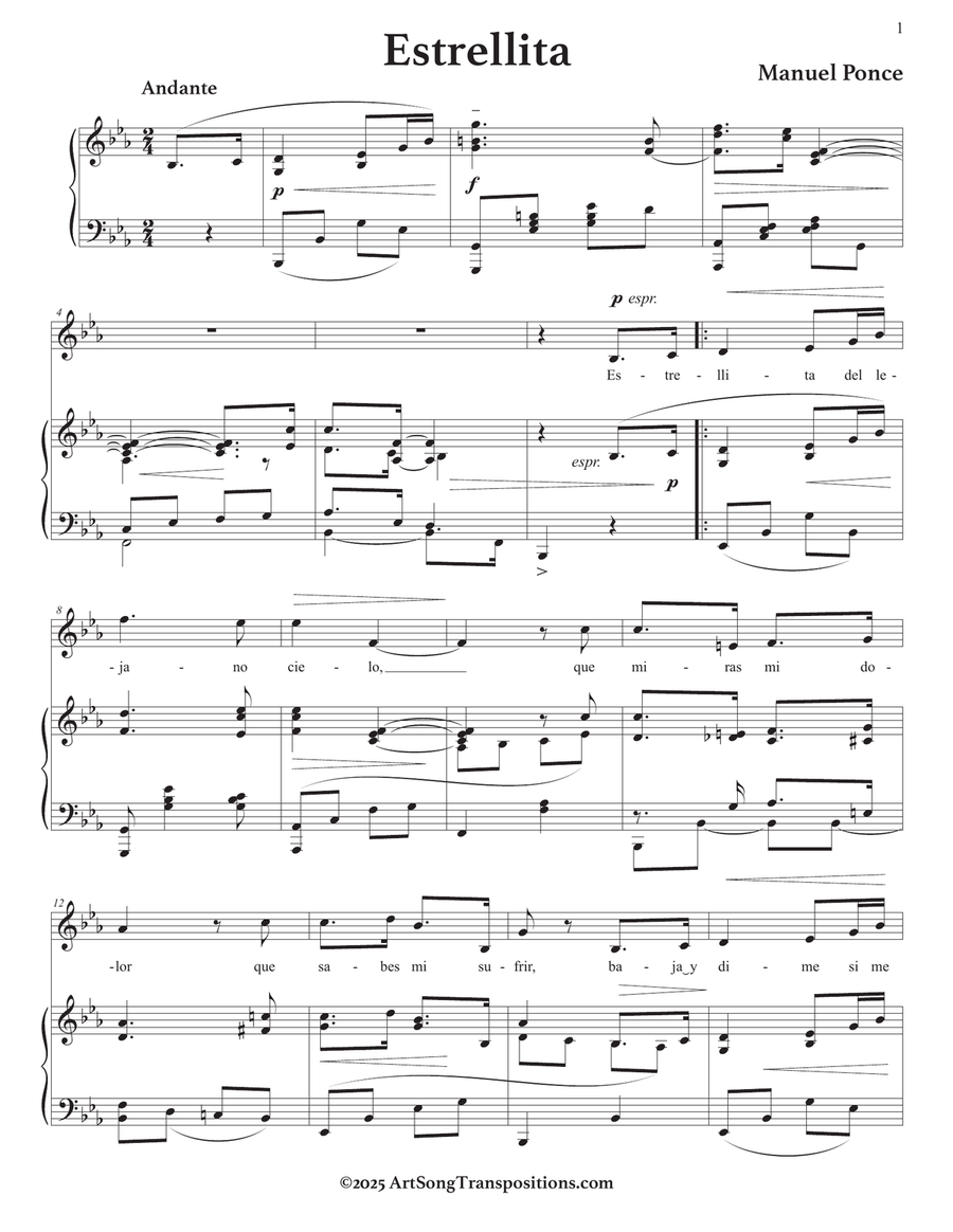 PONCE: Estrellita (transposed to E-flat major) Piano, Vocal scores gallery preview page 2