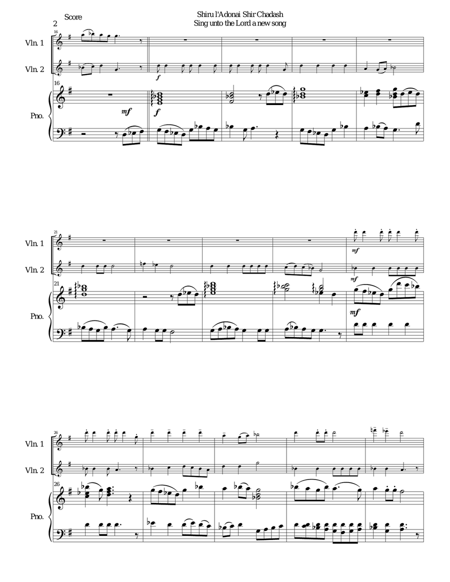 Shiru l'adonai shir chadash - O sing unto the LORD a new song - (Psalm 96) for 2 violins and piano Violin Solo scores gallery preview page 2