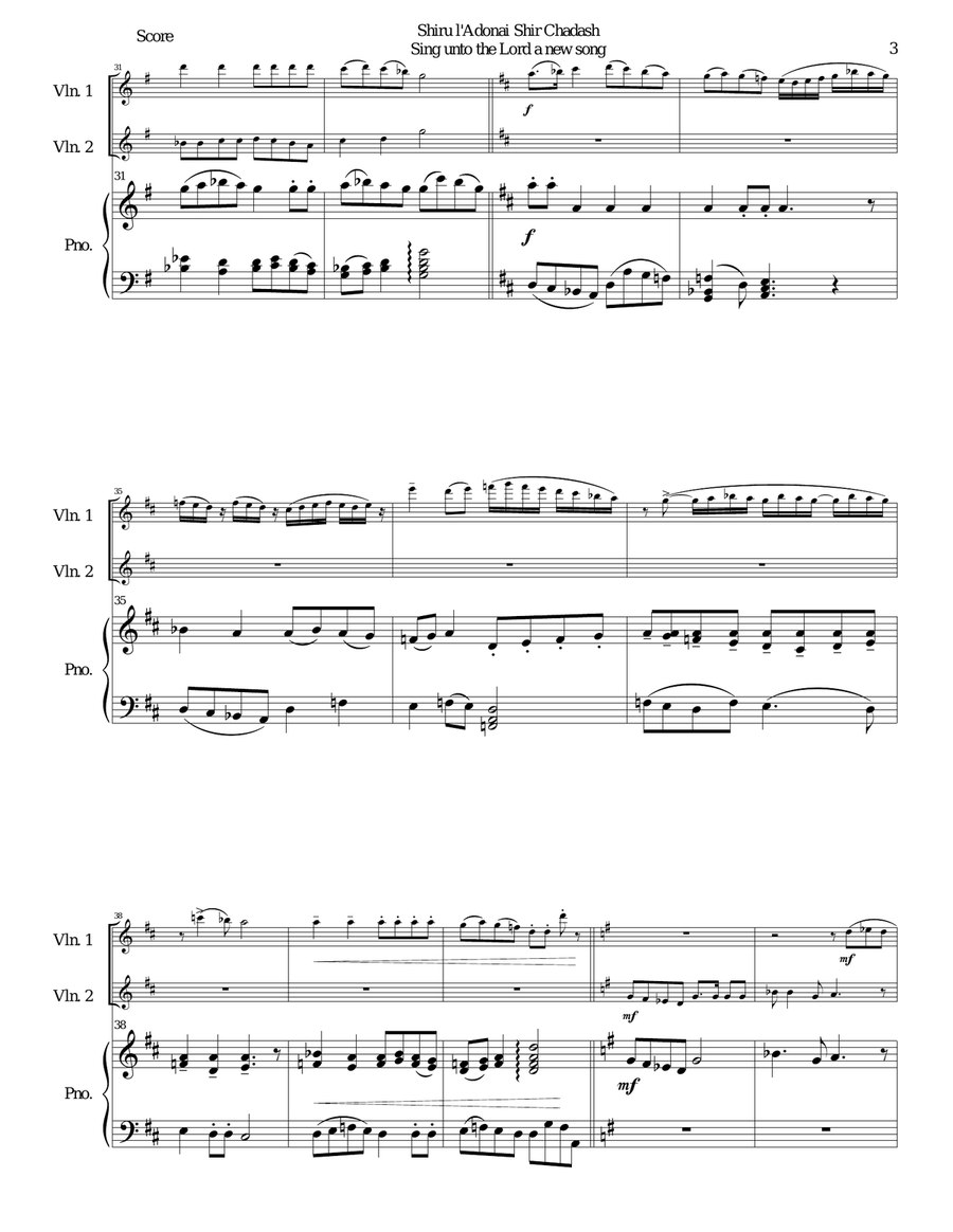 Shiru l'adonai shir chadash - O sing unto the LORD a new song - (Psalm 96) for 2 violins and piano Violin Solo scores gallery preview page 3
