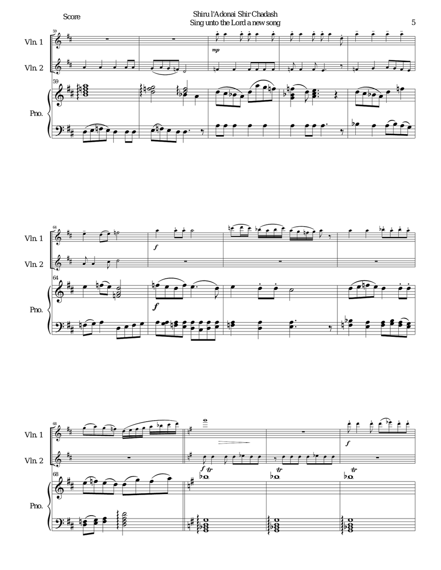 Shiru l'adonai shir chadash - O sing unto the LORD a new song - (Psalm 96) for 2 violins and piano Violin Solo scores gallery preview page 5