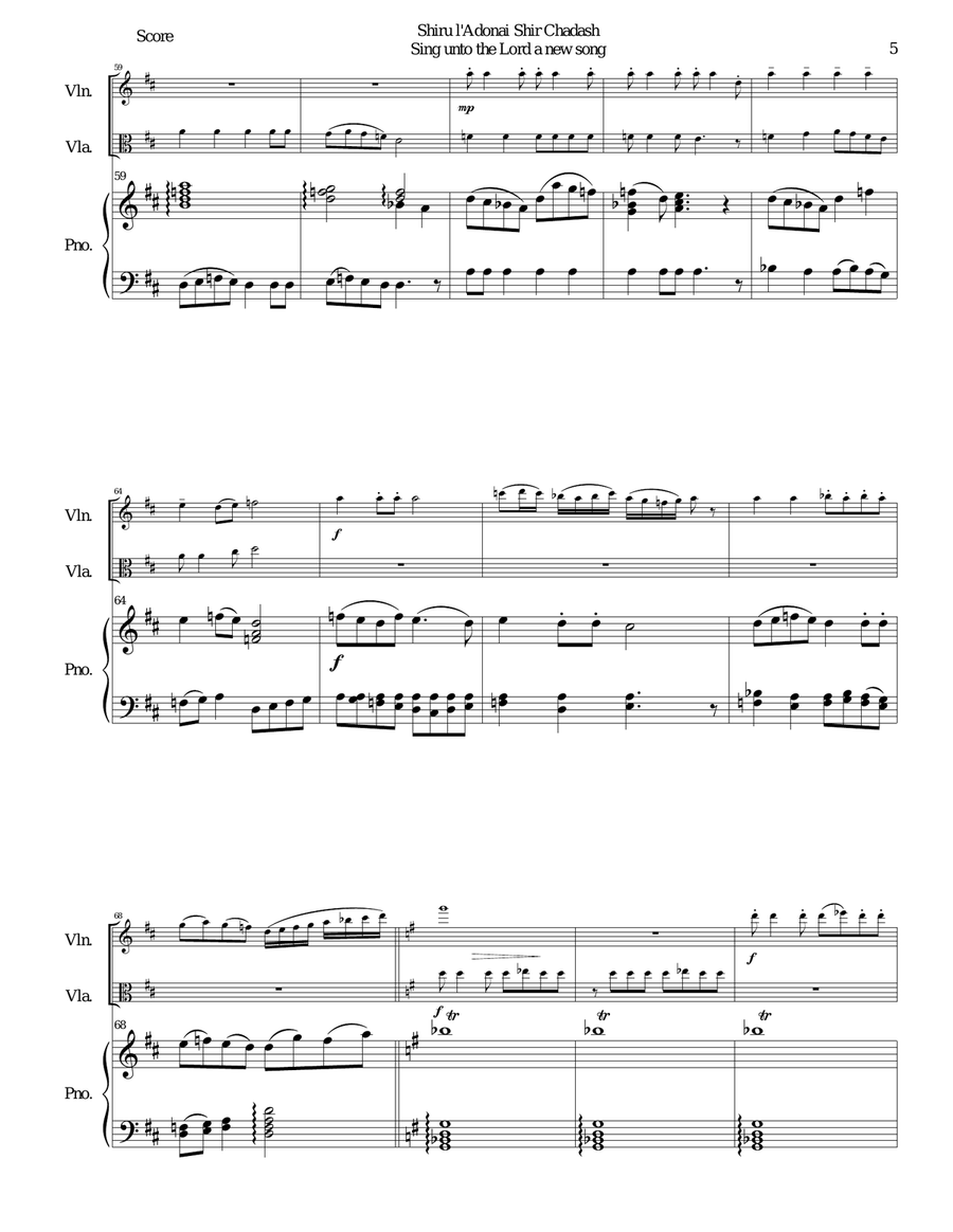 Shiru l'adonai shir chadash - O sing unto the LORD a new song for violin, viola and piano Violin scores gallery preview page 5