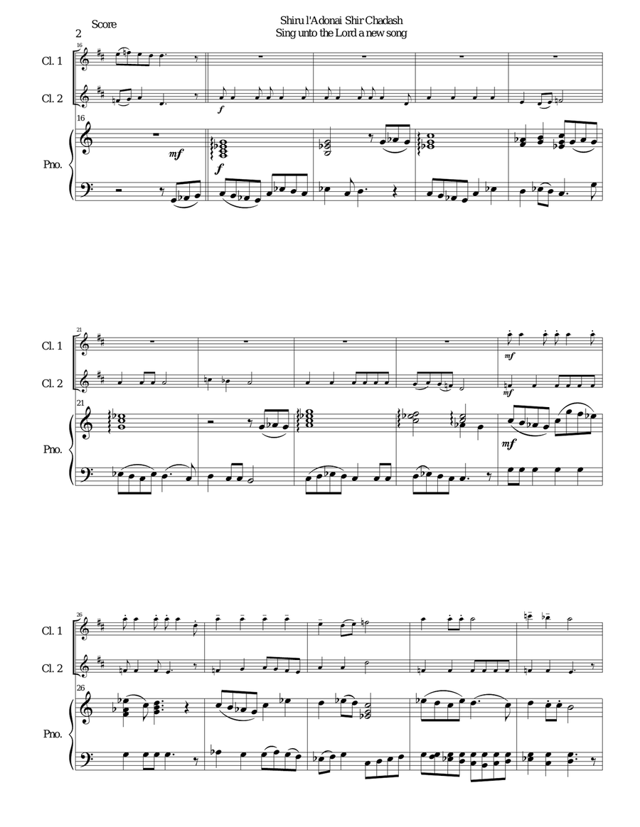 Shiru l'adonai shir chadash - O sing unto the LORD a new song - (Psalm 96) for 2 clarinets and piano Clarinet Duet scores gallery preview page 2