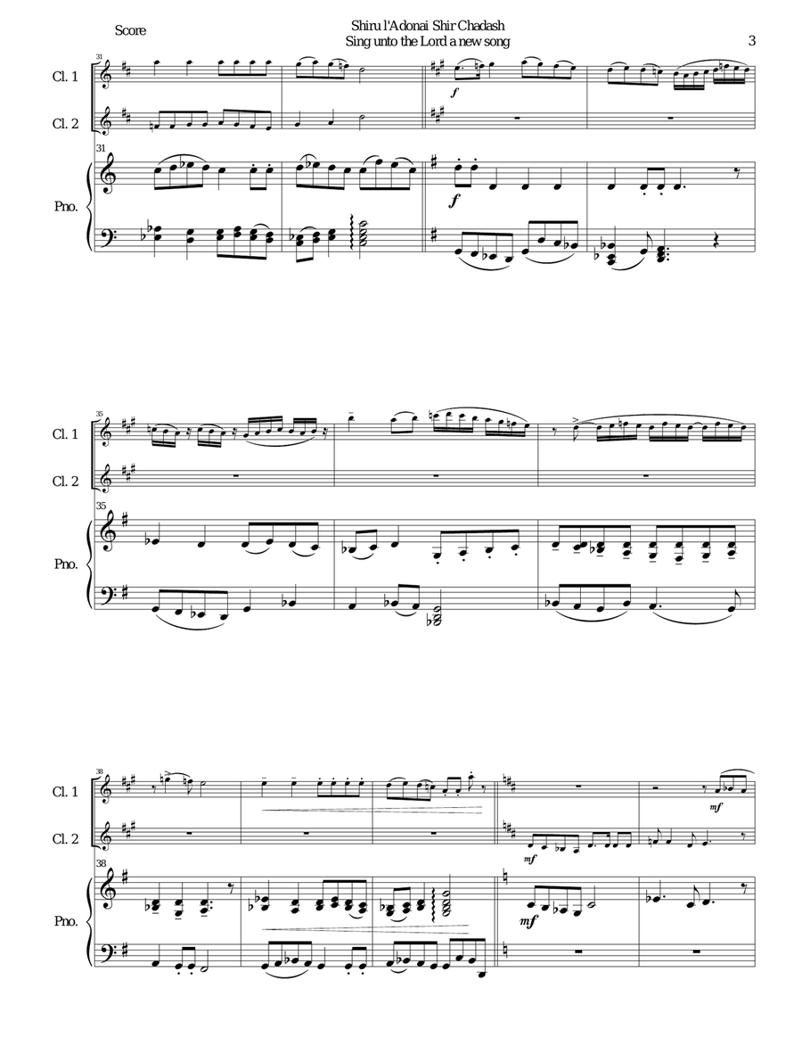 Shiru l'adonai shir chadash - O sing unto the LORD a new song - (Psalm 96) for 2 clarinets and piano Clarinet Duet scores gallery preview page 3