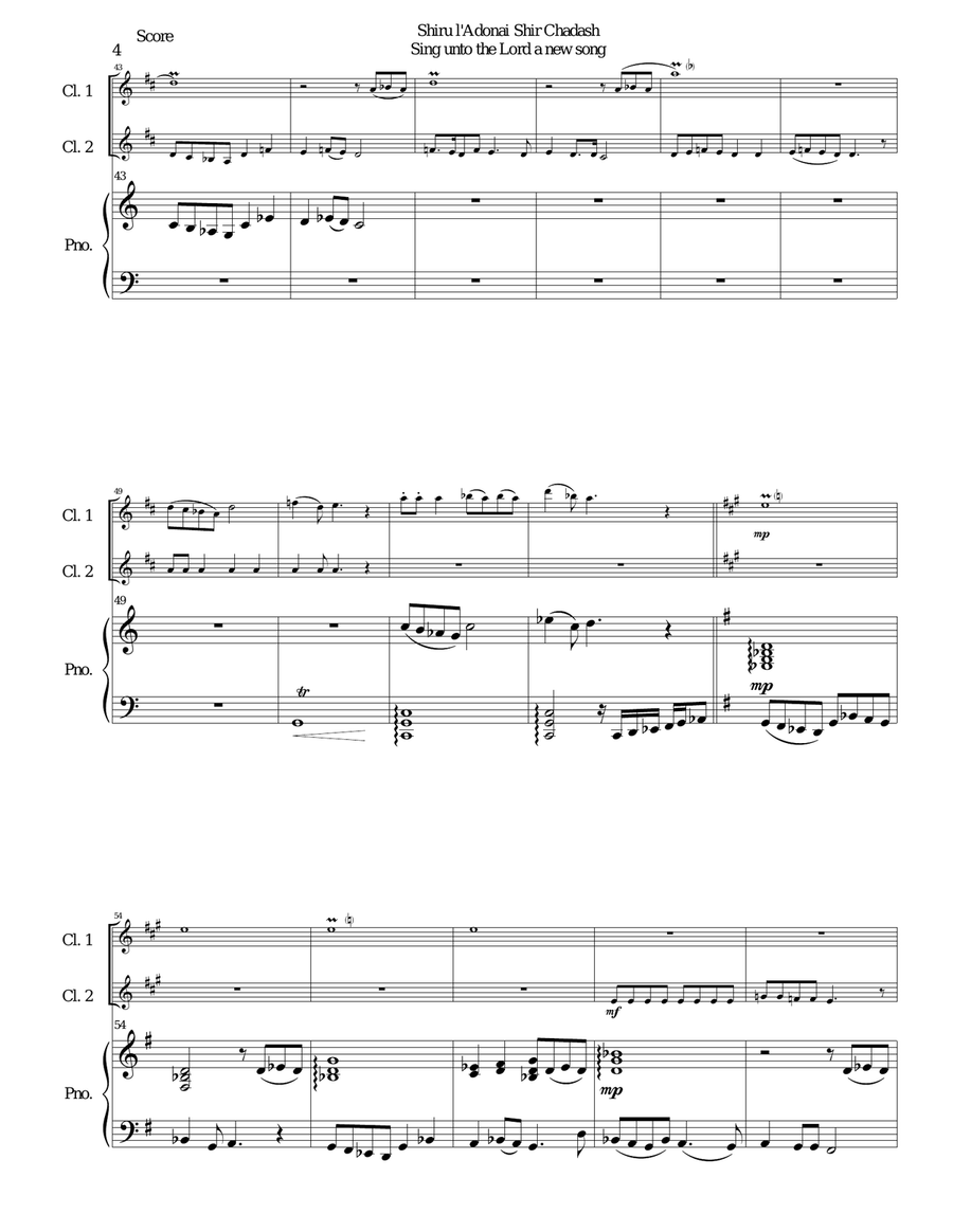 Shiru l'adonai shir chadash - O sing unto the LORD a new song - (Psalm 96) for 2 clarinets and piano Clarinet Duet scores gallery preview page 4