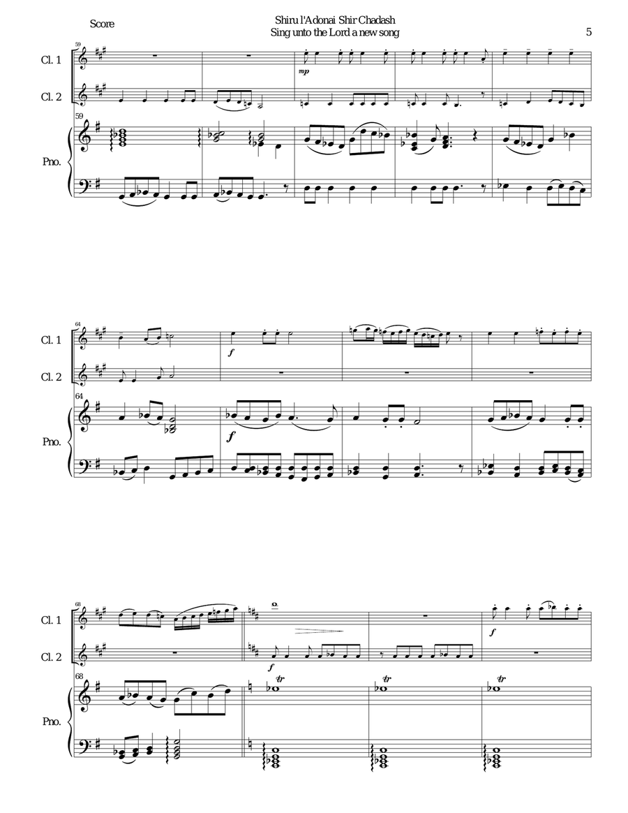 Shiru l'adonai shir chadash - O sing unto the LORD a new song - (Psalm 96) for 2 clarinets and piano Clarinet Duet scores gallery preview page 5