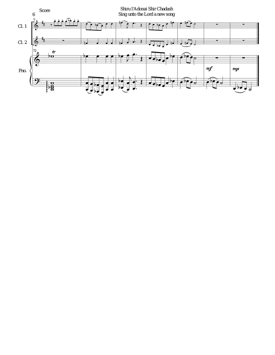 Shiru l'adonai shir chadash - O sing unto the LORD a new song - (Psalm 96) for 2 clarinets and piano Clarinet Duet scores gallery preview page 6