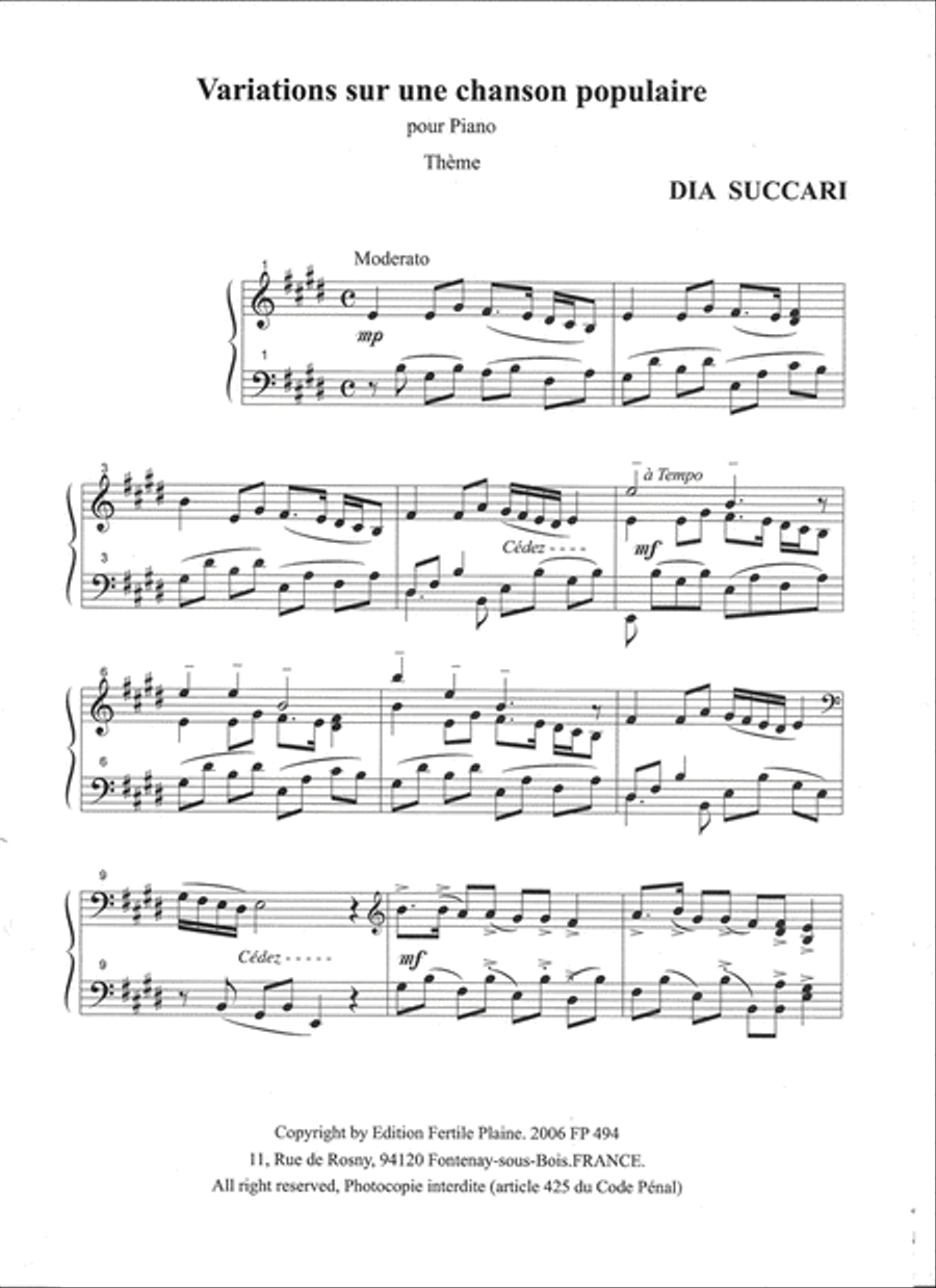 Variations Sur Une Chanson Populaire Piano Solo scores gallery preview page 1