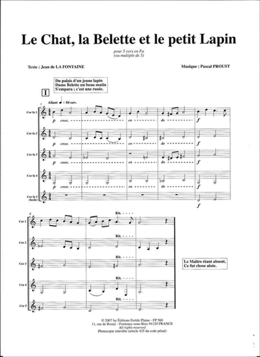 Le Chat,La Belette et Le Petit Lapin Horn scores gallery preview page 1