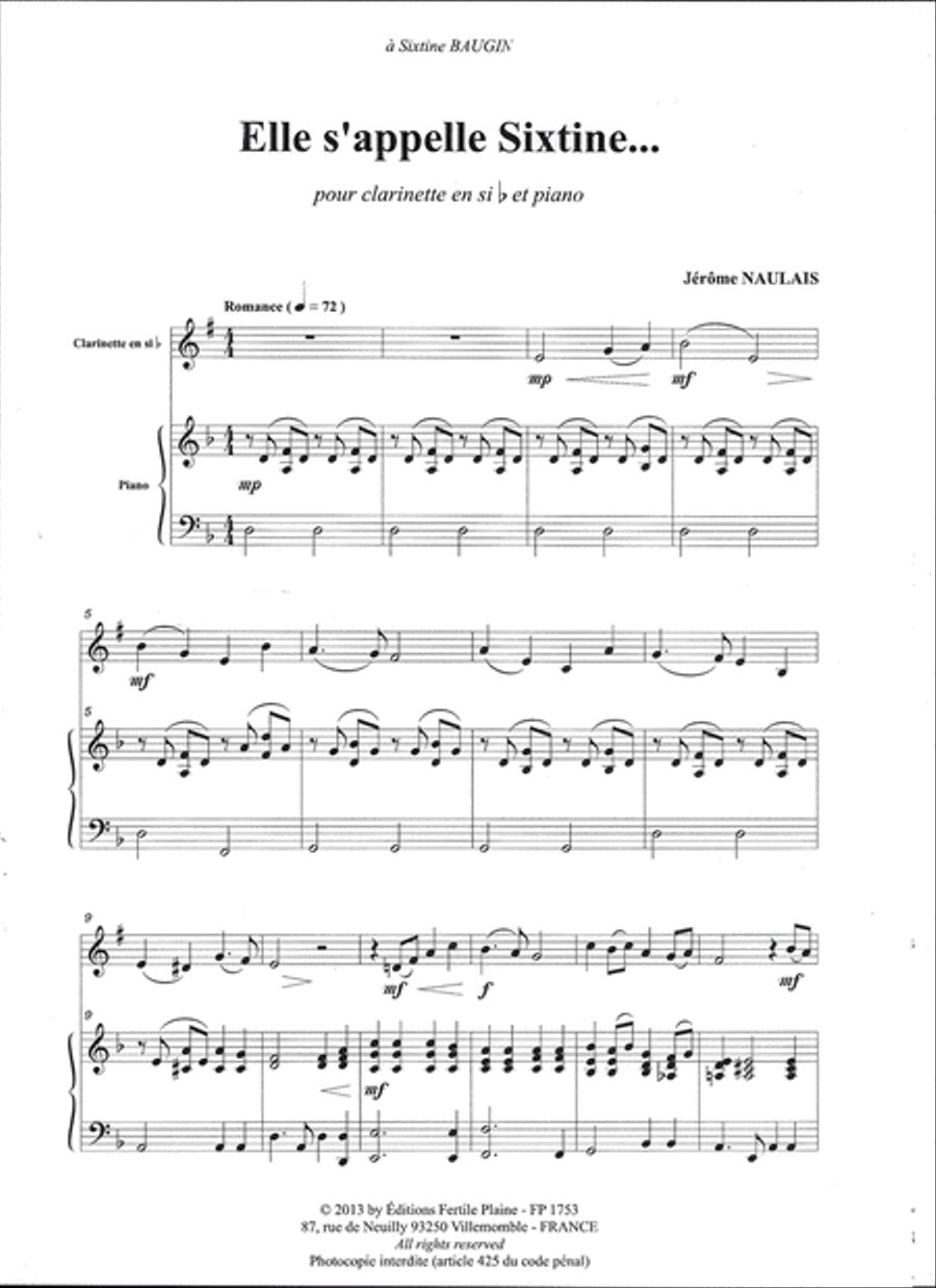 Elle S'appelle Sixtine Clarinet Solo scores gallery preview page 1
