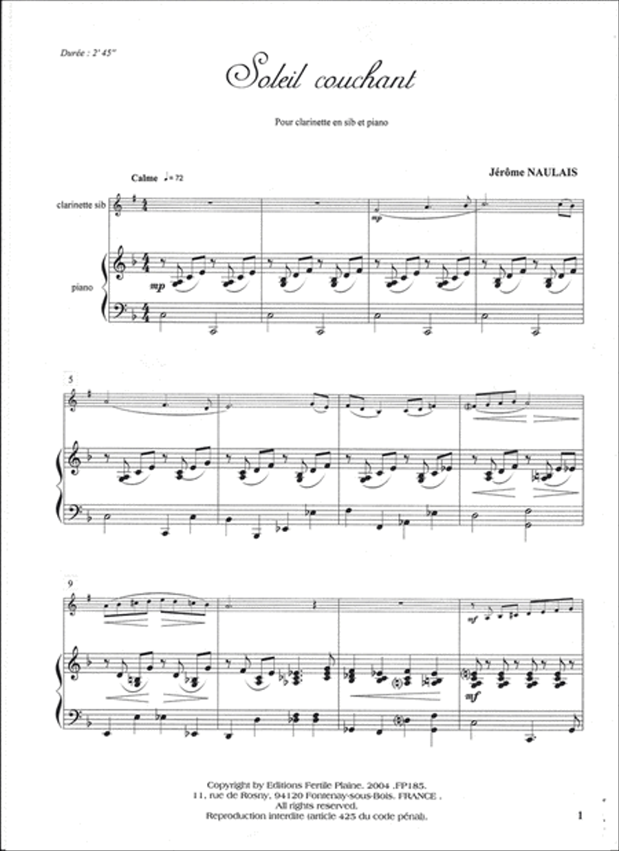 Soleil Couchant Clarinet Solo scores gallery preview page 1