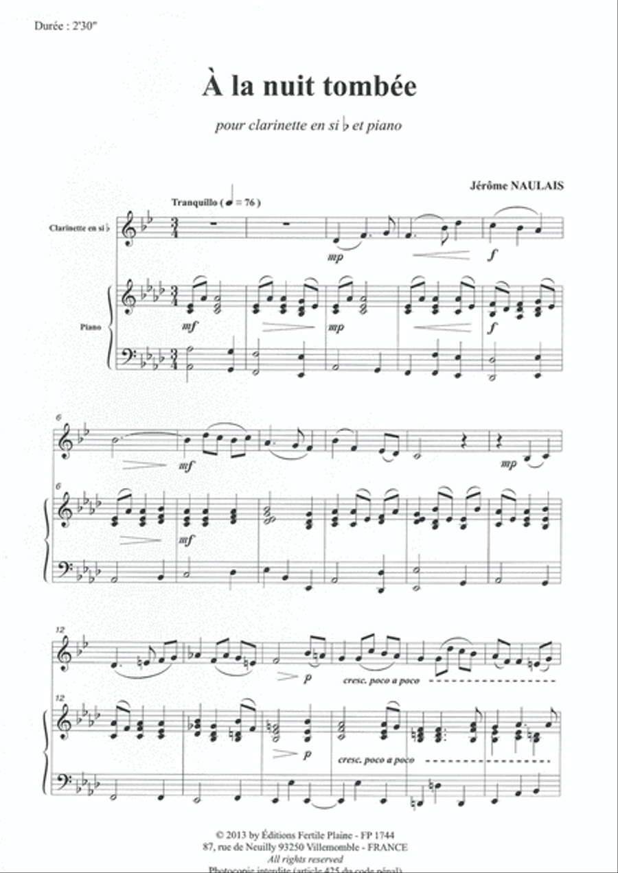 A La Nuit Tombée Clarinet Solo scores gallery preview page 1