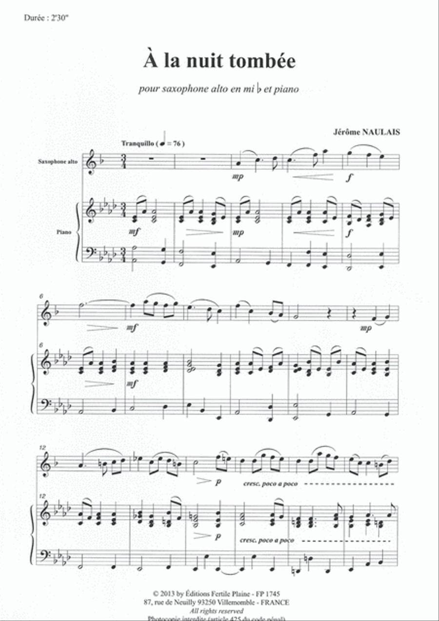 A La Nuit Tombée Saxophone scores gallery preview page 1