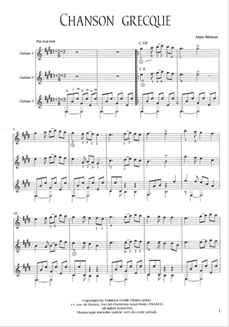 Chanson Grecque Guitar scores gallery preview page 1