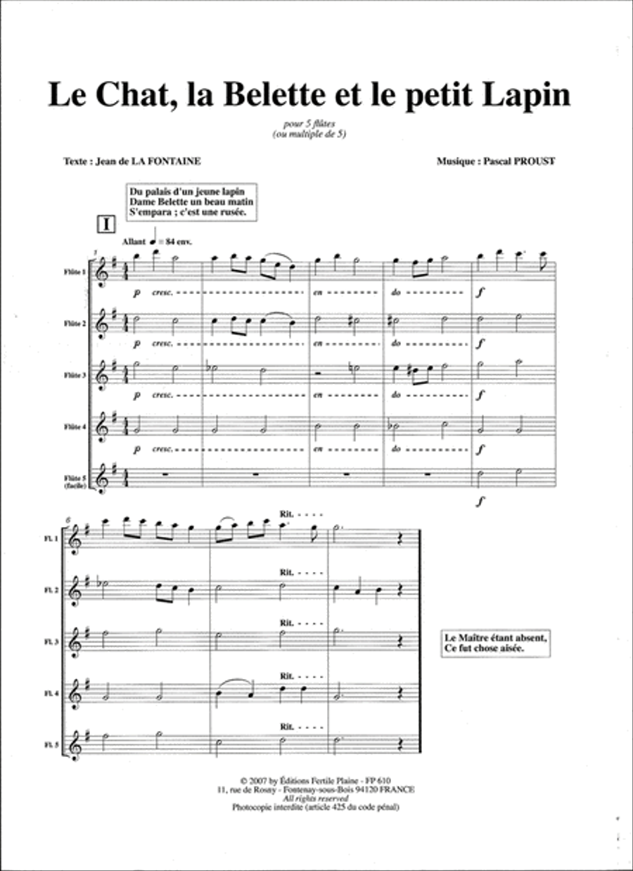 Le Chat,La Belette et Le Petit Lapin Flute scores gallery preview page 1