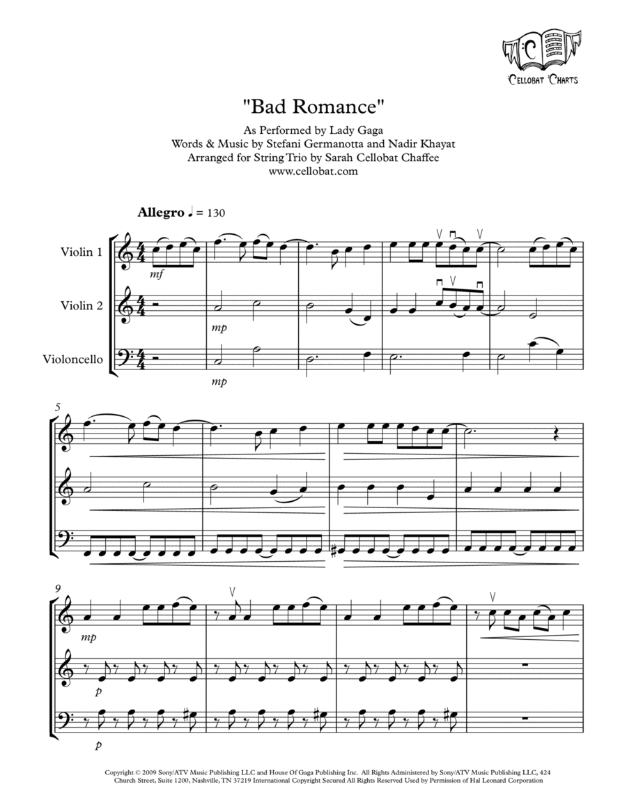 Bad Romance Cello scores gallery preview page 1