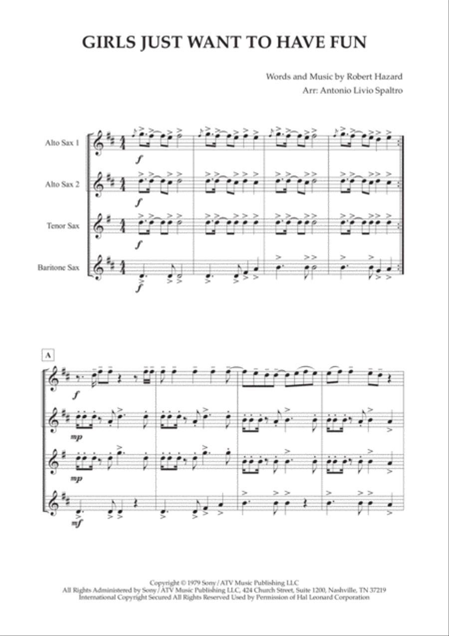 Girls Just Want To Have Fun Saxophone Quartet scores gallery preview page 2