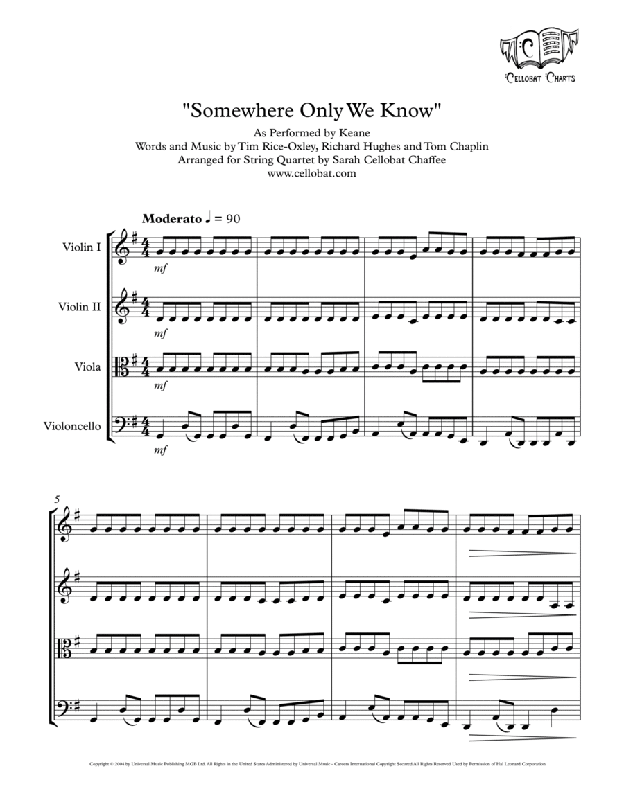 Somewhere Only We Know String Quartet scores gallery preview page 1