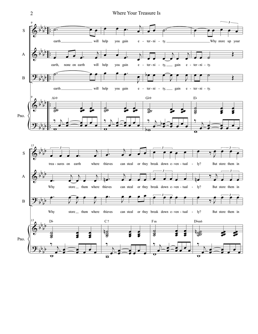 Where Your Treasure Is (SAB) 3-Part scores gallery preview page 2