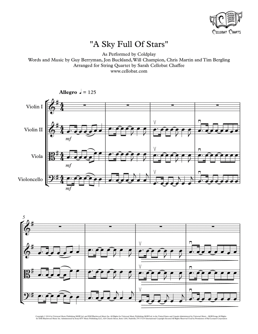 A Sky Full Of Stars String Quartet scores gallery preview page 1