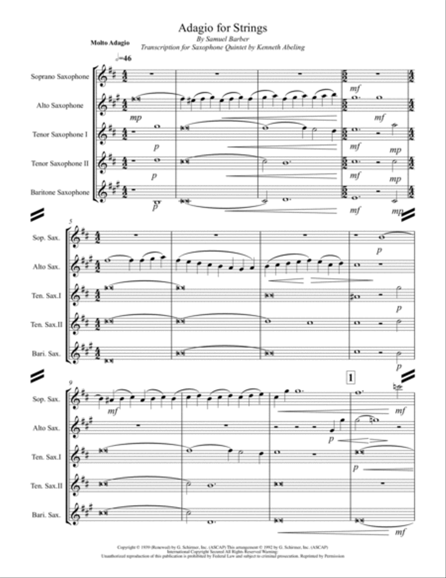 Adagio For Strings Saxophone Quintet scores gallery preview page 2