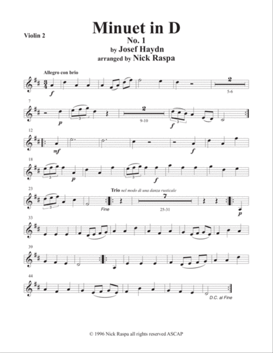 Minuet in D, No. 1<i> (arranged for String Orchestra)</i> Violin 2 part String Orchestra scores gallery preview page 1