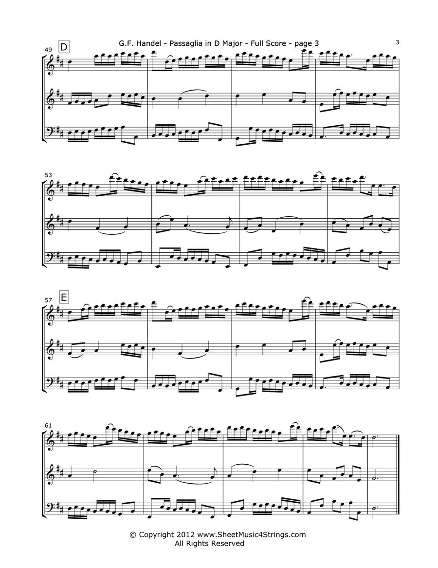 Handel, G. - Passaglia for Two Violins and Cello String Trio scores gallery preview page 3