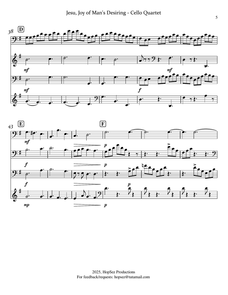 Jesu, Joy of Man's Desiring - Cello Quartet Cello scores gallery preview page 5