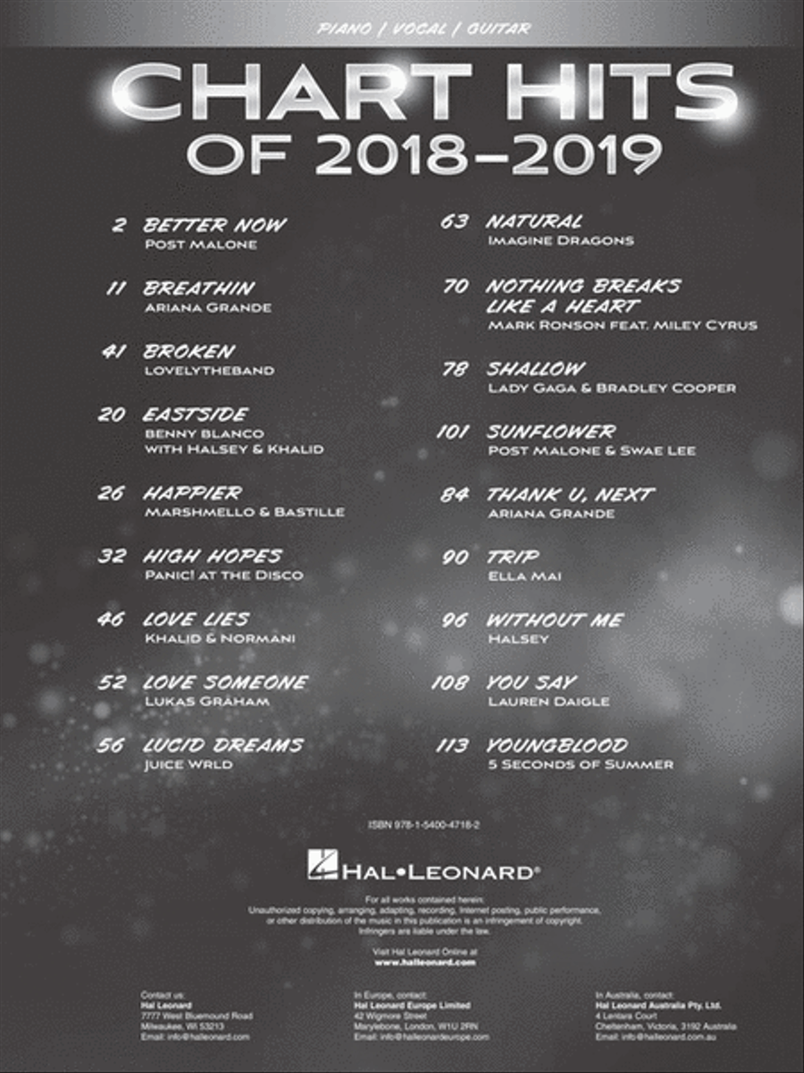 Chart Hits of 2018-2019 Piano, Vocal, Guitar scores gallery preview page 2