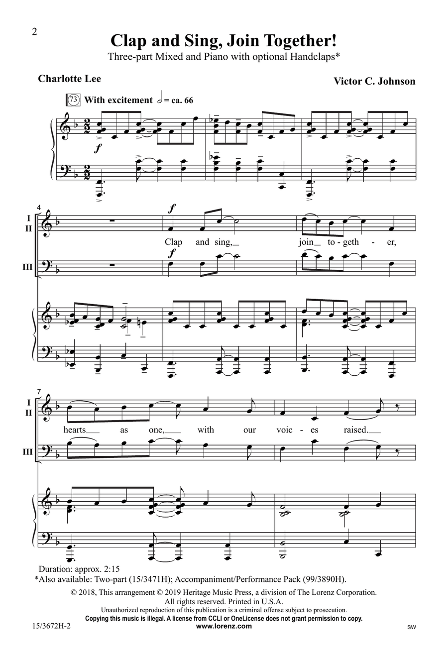 Clap and Sing, Join Together! by Victor C Johnson 3-Part - Digital Sheet Music page 2
