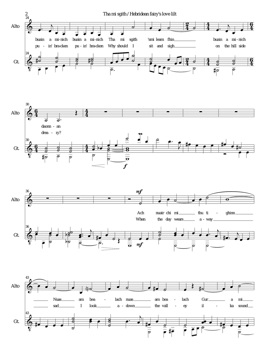 Hebridean fairy's love song (Tha Mi sgith) arranged for Alto or Baritone and Guitar Small Ensemble scores gallery preview page 2