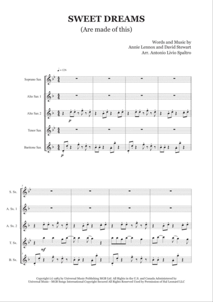 Sweet Dreams (Are Made Of This) Saxophone Quintet scores gallery preview page 2