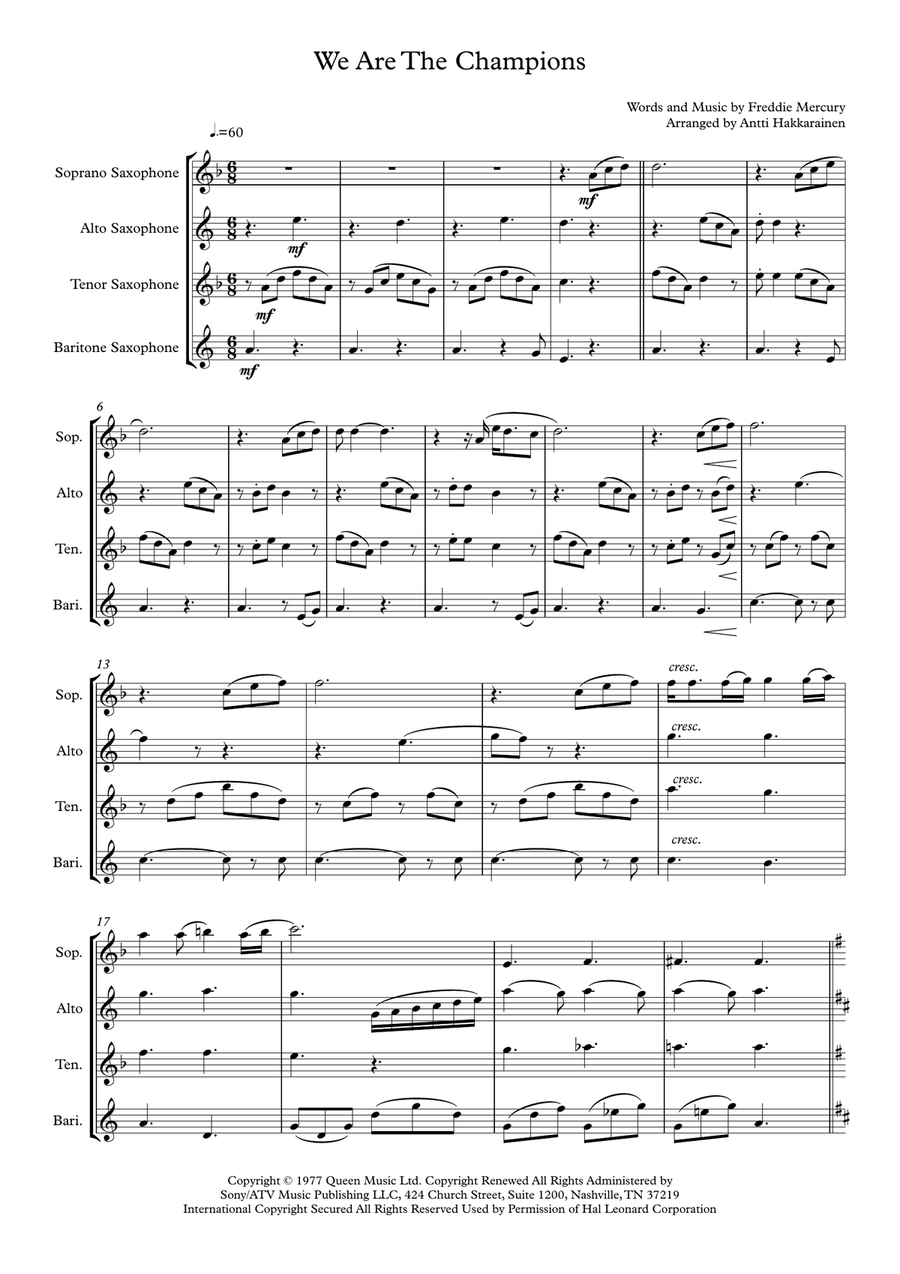 We Are The Champions We Are The Champions Saxophone Quartet scores gallery preview page 2