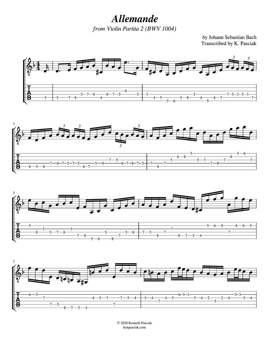 Allemande in D Minor from Partita 2 (BWV1004) (for Solo Guitar) Acoustic Guitar scores gallery preview page 3