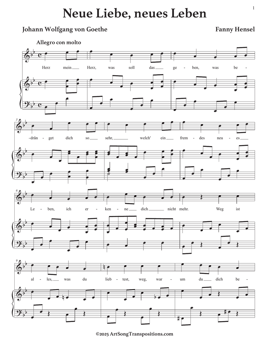 HENSEL: Neue Liebe, neues Leben (transposed to B-flat major) Piano, Vocal scores gallery preview page 2