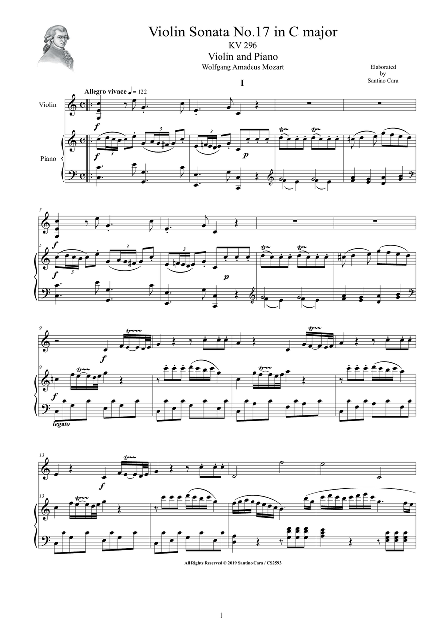 Mozart - Violin Sonata No.17 in C major KV 296 for Violin and Piano - Score and Part Mozart - Violin Sonata No.17 in C major KV 296 for Violin and Piano - Score and Part Violin Solo scores gallery preview page 1